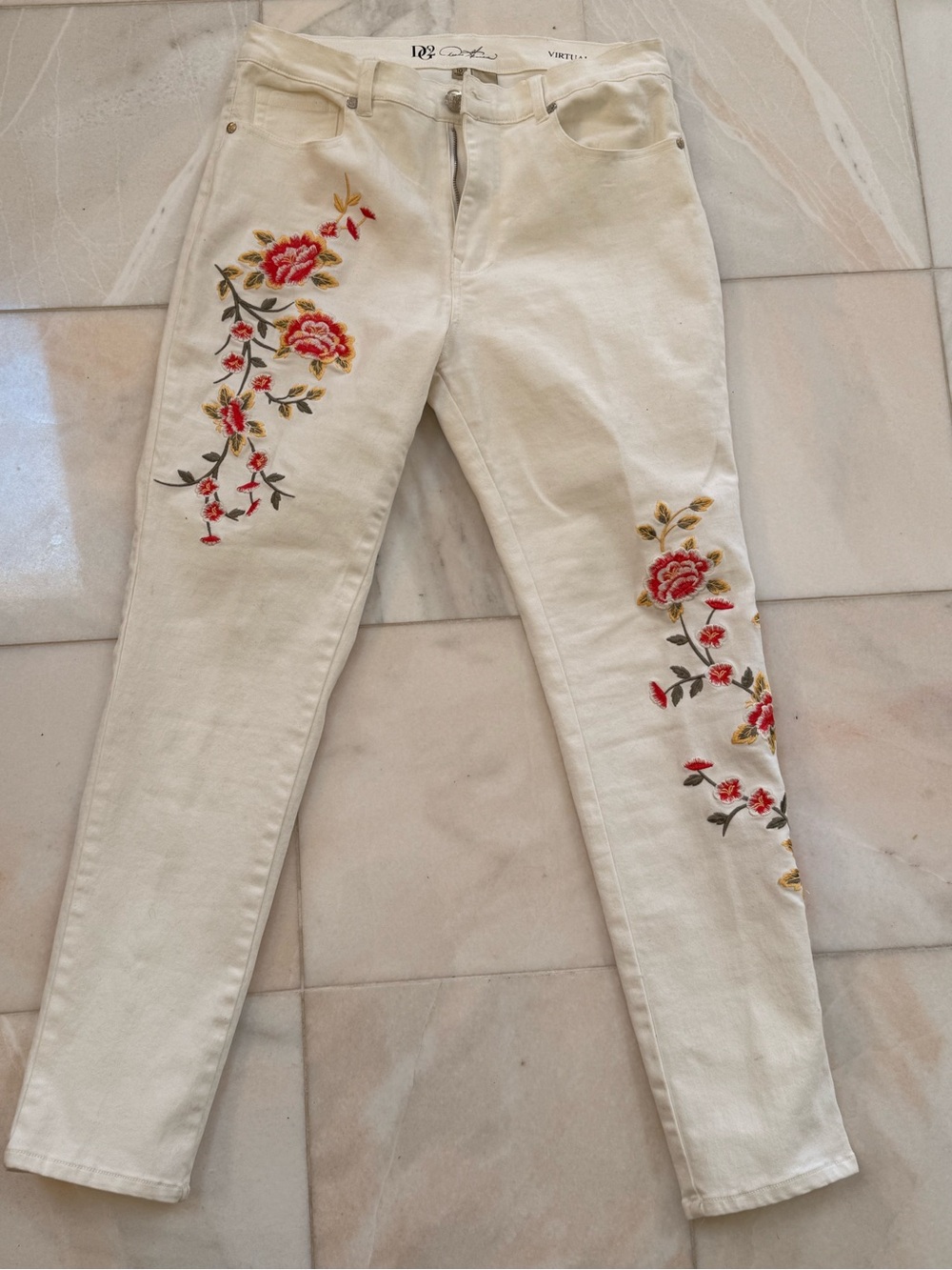 Diane Gilman white Straight Leg Pants with Red & Gold Floral Embroidery